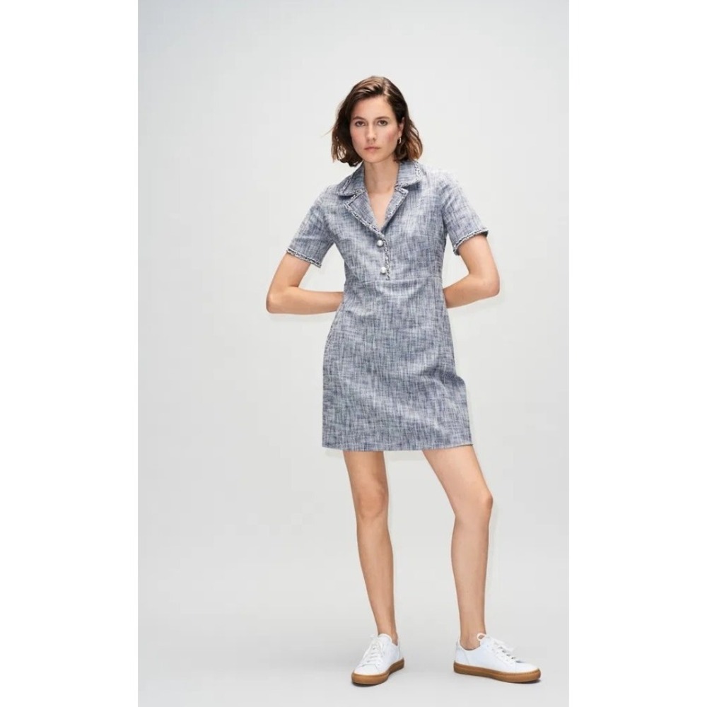 Claudie Pierlot Paris Blue Tweed Mini‎ Dress Pearl Button Short Sleeve Size 40